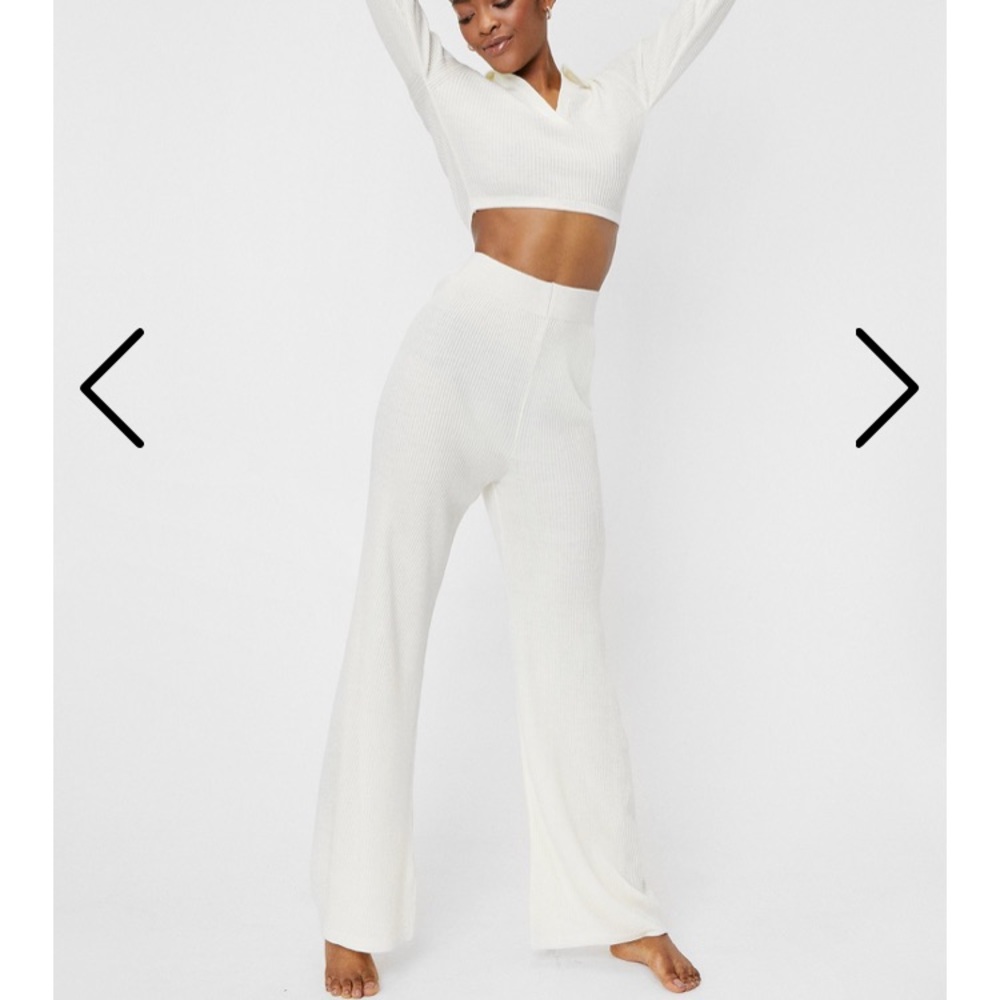 Nasty Gal Rib Polo Two Piece Set Cream Small